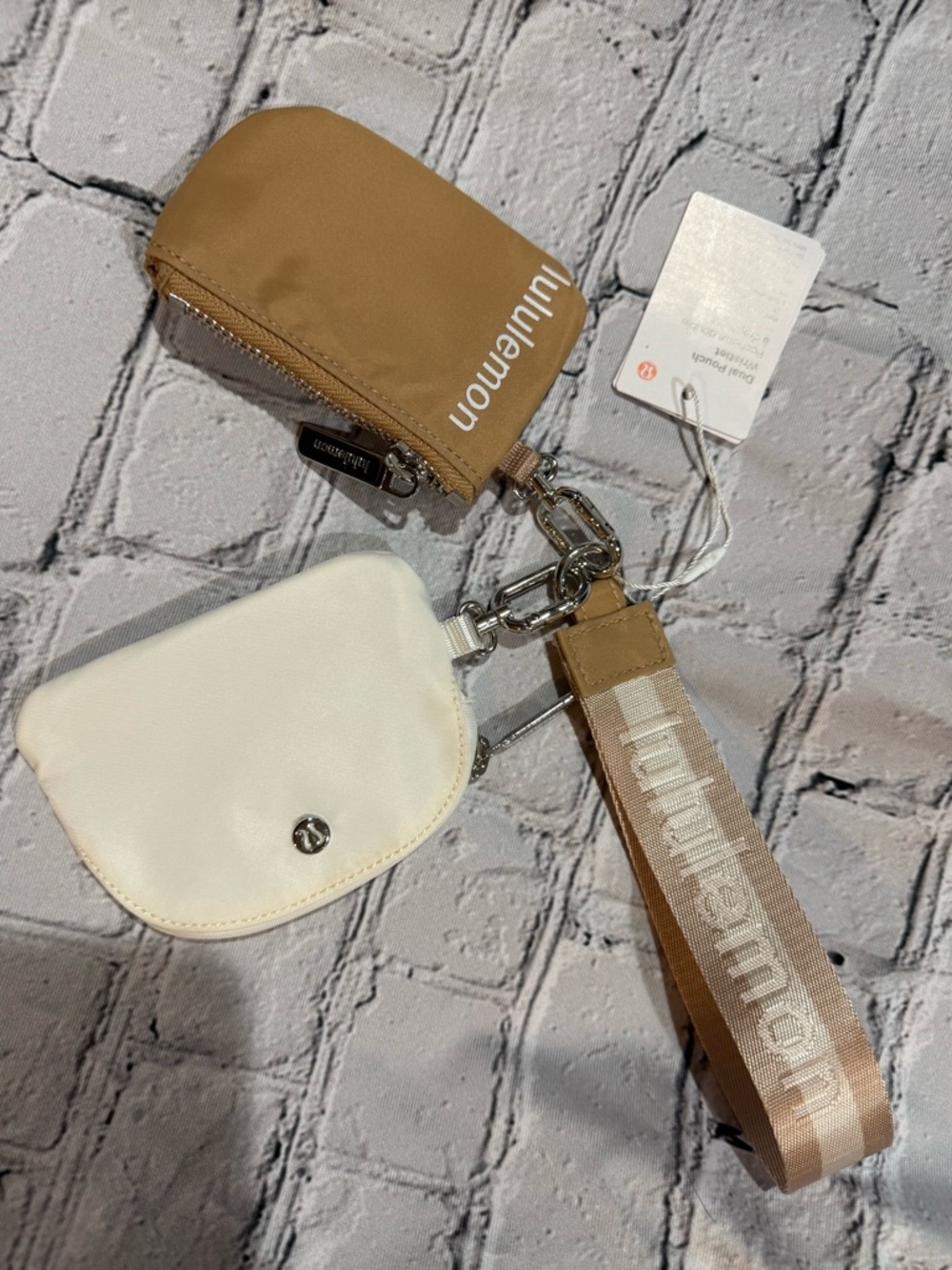 lululemon Beige Dual Pouch Wristlet Keychain with Cream Coin Pouch